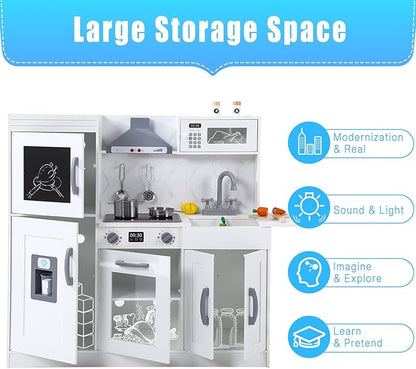 Wooden Kids Kitchen Playset with 20-Piece Cookware Accessories and Realistic Features - Ice Maker, Microwave, Oven, Range Hood, Sink, Lights and Sounds, White