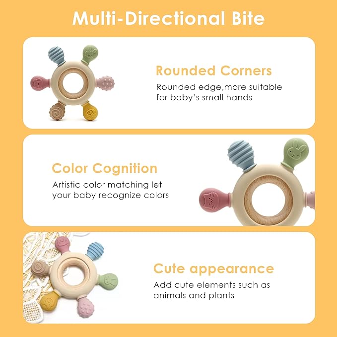 [BabyBite] Baby Teething Toys Silicone and Beechwood Baby Teether Ring 100% BPA 0M+