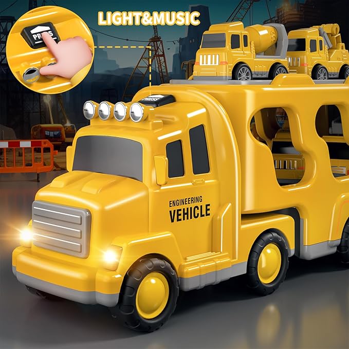 Construction Truck Toys Cars for Toddlers 3-5 - 5-in-1 Friction Power Vehicle Toy 3 4 5 6 Year Old Boys, Cranes Bulldozers Transport Trucks 3-9 Boys