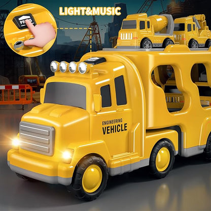 Construction Truck Toys Cars for Toddlers 3-5 - 5-in-1 Friction Power Vehicle Toy 3 4 5 6 Year Old Boys, Cranes Bulldozers Transport Trucks 3-9 Boys