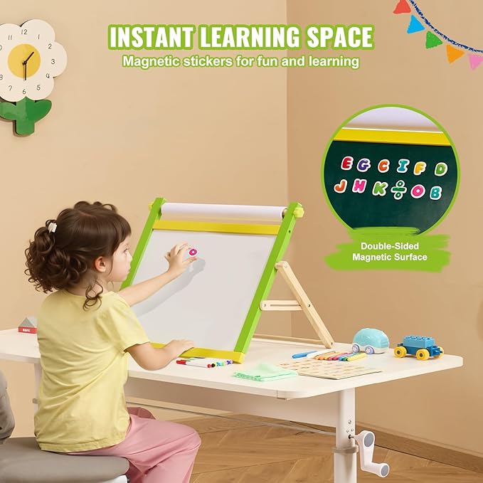 VEVOR Tabletop Art Easel for Kids, 3-in-1 Wooden Double-Sided Kid's Art Easel with Magnetic Whiteboard, Chalkboard, Paper Roll, Foldable Portable Drawing Board with Painting Accessories for Boys Girls