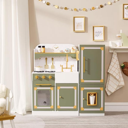 Teamson Kids Versailles Wooden Deluxe Play Kitchen Set Plus Refrigerator with Ice Dispenser and 15 Cookware Accessories, Olive Green