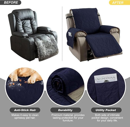 100% Waterproof Recliner Chair Cover, Recliner Chair Covers for Reclining Chair, Non-Slip Fabric Recliner Couch Cover for Living Room, for Pets Kids Protector, Washable (Navy Blue, 28"Recliner Chair)