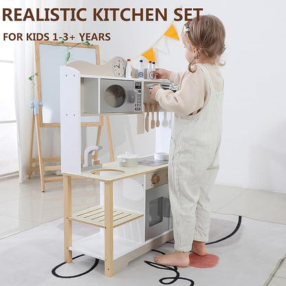 Wooden Play Kitchen, Kids Toy Kitchen Cooking Set, Kids Play Kitchen Pretend Play Set, Pretend Kitchen Playset for Toddlers Boys and Girls