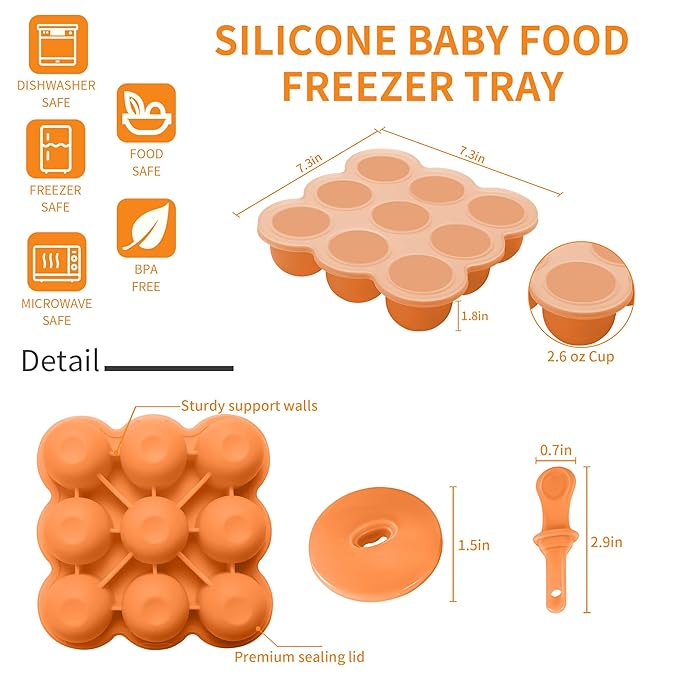 WAJIAYON Baby Food Storage Container, Silicone Baby Food Freezer Tray with Lid