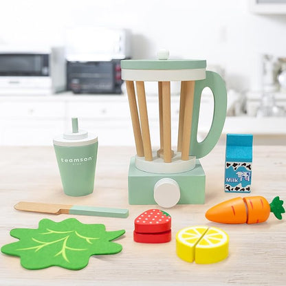 Teamson Kids Play Kitchen Accessories Little Chef 13 Piece Wooden Smoothie Blender Set with Cutting Fruit, Ingredients and to-Go Cup with Straw