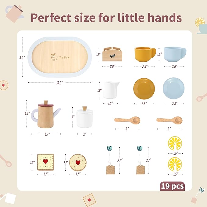 Wooden Toy Tea Set for Little Girls, Toddler Tea Party Set Kids Pretend Play Kitchen Accessories with Play Food Gift for Girls Boys 3 Years and up