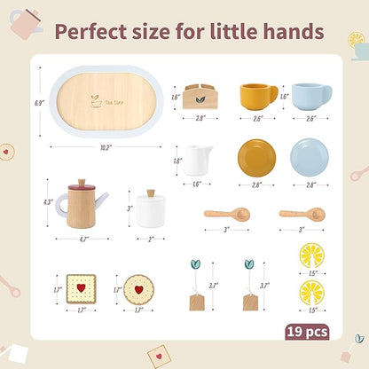 Wooden Toy Tea Set for Little Girls, Toddler Tea Party Set Kids Pretend Play Kitchen Accessories with Play Food Gift for Girls Boys 3 Years and up
