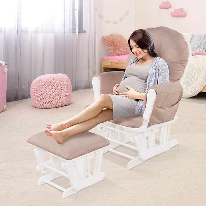 Costzon Nursery Glider with Ottoman, Upholstered Comfort Glider Rocker with Padded Cushion, Storage Pocket, Solid Wood Base, Rocking Chair Nursery for Breastfeeding, Maternity, Napping (Pink)