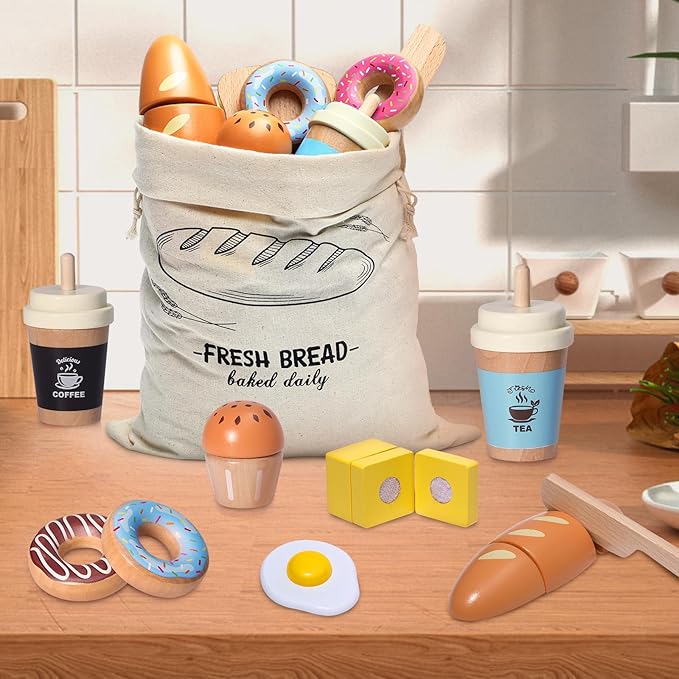 Wooden Bakery Playset Food Toys, Kids Pretend Play Food Baking Set Kitchen Accessories with Storage Bag, Pretend Play Bread Cutting Food for Boys Girls 3+