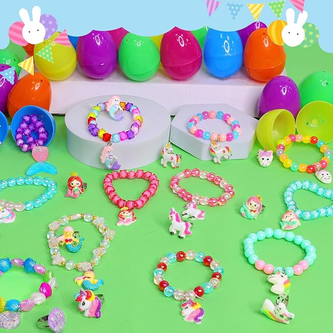 TURNMEON Easter Gifts Basket Stuffers for Girls Toddler Kids Include 12 Easter Eggs 12 Colorful Bead Bracelet and 12 Rings, Different Easter Toys Egg Filled Hunt Party Favors Classroom Prize Supplies