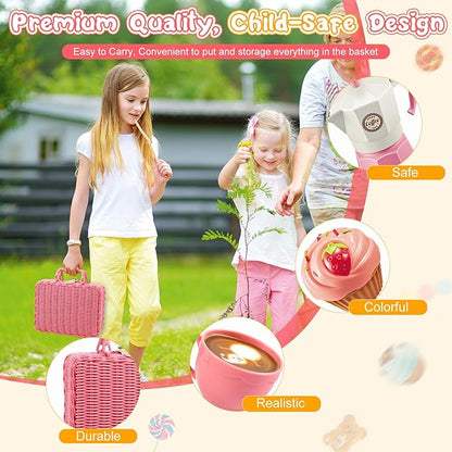 Tea Party Set for Little Girls, 30 Pcs Picnic Basket Set with Carry Case, Teapot, Tea Cup, Dessert & Table Cloth, Pretend Play Toy Gifts for Kids 4 5 6 Year Old (Pink)…