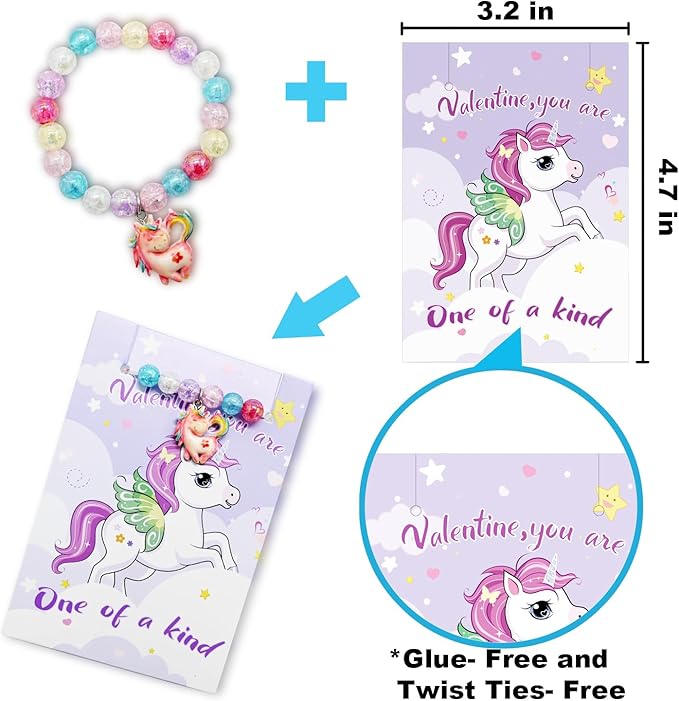 UMEELR Valentines Unicorn Bracelets with Cards ,28 Pack Princess Valentine Beaded Bracelet for Girls Kids Valentines Day Gifts Exchange Classroom Prizes Parties Goodie Bag Gifts