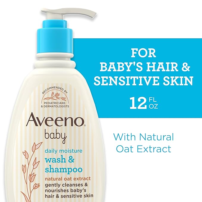Aveeno Baby Daily Moisture Gentle Body Wash & Shampoo with Oat Extract, 2-in-1 Baby Bath Wash & Hair Shampoo 12 fl.