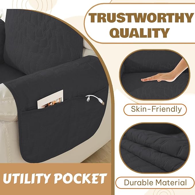 XINEAGE 100% Waterproof Recliner Chair Covers with Elastic Straps, Nonslip Reclining Couch Covers Washable Recliner Couch Cover with Pockets Furniture Protector for Pets Dogs (Black, 30")