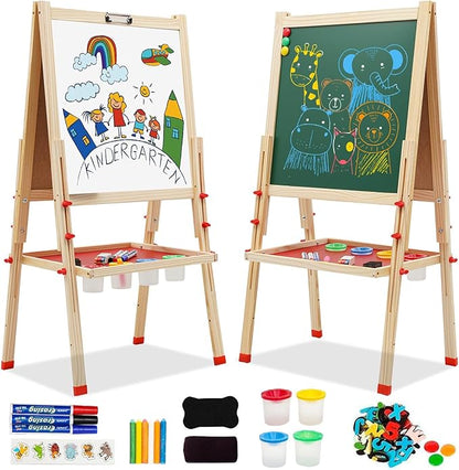 Wooden Art Easel for Kids, Double Sided Kids Easel with Whiteboard & Chalkboard, Height Adjustable Standing Toddler Easel with Painting Accessories, Education Gift for Boys and Girl Toddler