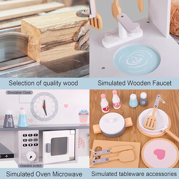 Wooden Kitchen Sets for Kids, Play Toddler Kitchen Playset, Chef Pretend Kitchen with Plenty of Play Features, Toy Kitchen with Toy Food & Cookware Accessories, Early Education Toy Gift for Boys Girls