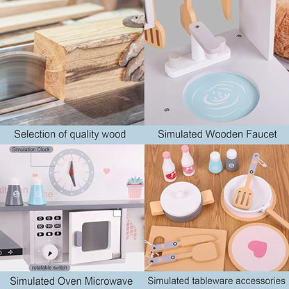 Wooden Kitchen Sets for Kids, Play Toddler Kitchen Playset, Chef Pretend Kitchen with Plenty of Play Features, Toy Kitchen with Toy Food & Cookware Accessories, Early Education Toy Gift for Boys Girls