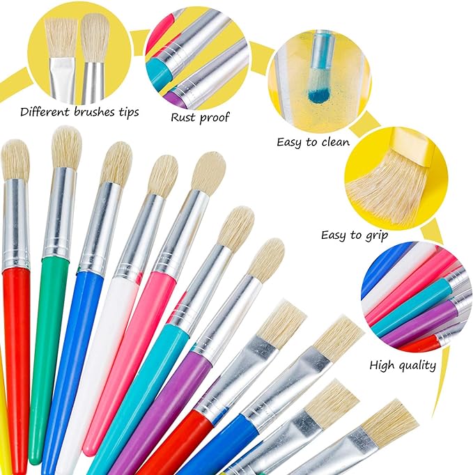YGAOHF 24 Pcs Paint Brushes for Kids Bulk - Colorful Round and Flat Kids Paint Brushes, Easy Clean and Hold Toddler Paint Brushes for Acrylic Oil Watercolor Washable Paint