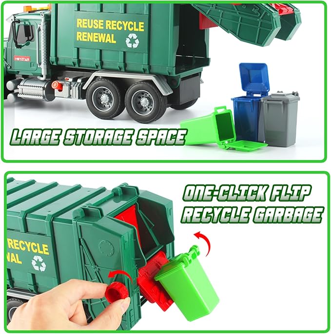 15" Garbage Truck Toy,Dump Friction Powered Waste Management Recycling Trash Truck with Lights &Sounds 3 Trash 3 +