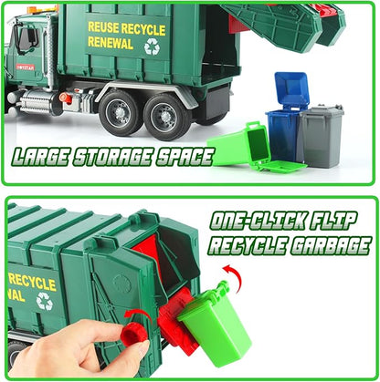 15" Garbage Truck Toy,Dump Friction Powered Waste Management Recycling Trash Truck with Lights &Sounds 3 Trash 3 +