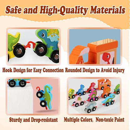 HOMEE Toddler Dinosaur Train Set with Number 0-10, 11 Pieces Kids Wooden Dino Train Toys with Puzzles 3 4 5 Year