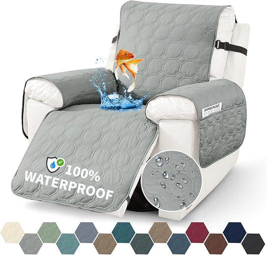 XINEAGE 100% Waterproof Recliner Chair Cover, Non Slip Covers for Recliner Chair with Pocket, Washable Dog Recliner Couch Cover with Elastic Straps (Light Gray, 28")