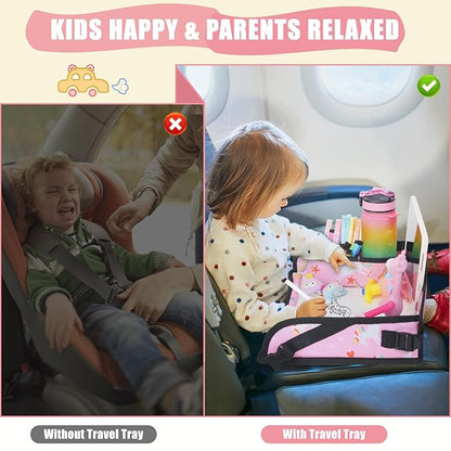 Upgraded Kids Travel Tray for Car Seat - Travel Tray for Airplane, Table Tray for Kids Travel Essentials, Toddler Lap Tray, Carseat Lap Desk for Kids Road Trip Activities, Pink Unicorn - 2 PCS