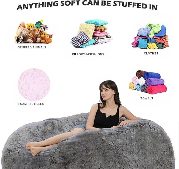 7FT Bean Bag Chair for Adults Kids No Filling Comfy Giant Living Room Chairs Gaint Bean Bag for Stuffed Animal Storage, Grey
