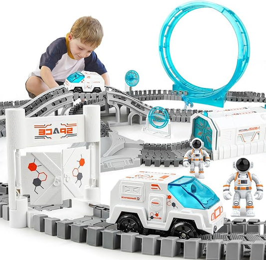 Construction Race Track, Space Train Track Set, 205 PCS DIY Flexible Tracks Play Set for Boys 4-7 with Light up Space Car Station Astronaut, for Toddlers Kids Girls 3-12