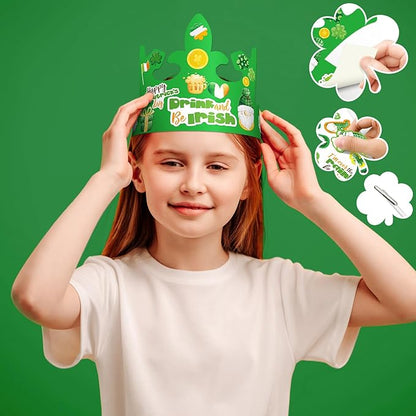 WorldBazaar St. Patrick's Day Crown Hat Craft for Kids 24 Pack Lucky Shamrock Clover Paper Hat with Stickers Green Irish Classroom Family Party Favors Supplies