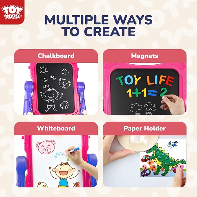 STEAM Life Art Easel for Kids, Double-Sided 4In1 Toddler Easel with Rotable Magnetic Chalkboard & White Drawing Board, Height Adjustable with Magnetic Letters & Numbers Gifts for Boys and Girls