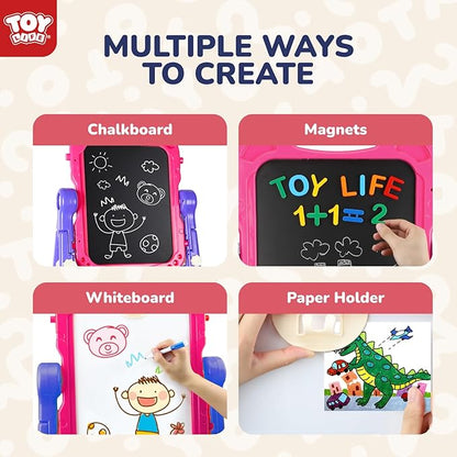 STEAM Life Art Easel for Kids, Double-Sided 4In1 Toddler Easel with Rotable Magnetic Chalkboard & White Drawing Board, Height Adjustable with Magnetic Letters & Numbers Gifts for Boys and Girls
