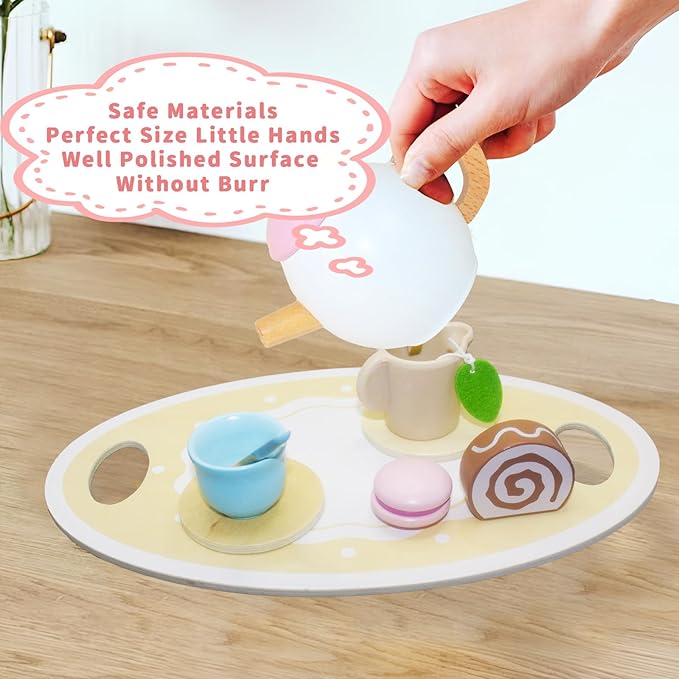 Wooden Tea Party Set for Little Girls, Toys Toddler Tea Set with Pretend Play Toy Cookies & Cake Stand, Kids Kitchen Playset Wooden Toys Birthday Gift for 2 3 4 5 6 Year Old Girls Boys