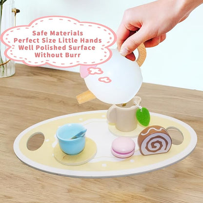 Wooden Tea Party Set for Little Girls, Toys Toddler Tea Set with Pretend Play Toy Cookies & Cake Stand, Kids Kitchen Playset Wooden Toys Birthday Gift for 2 3 4 5 6 Year Old Girls Boys