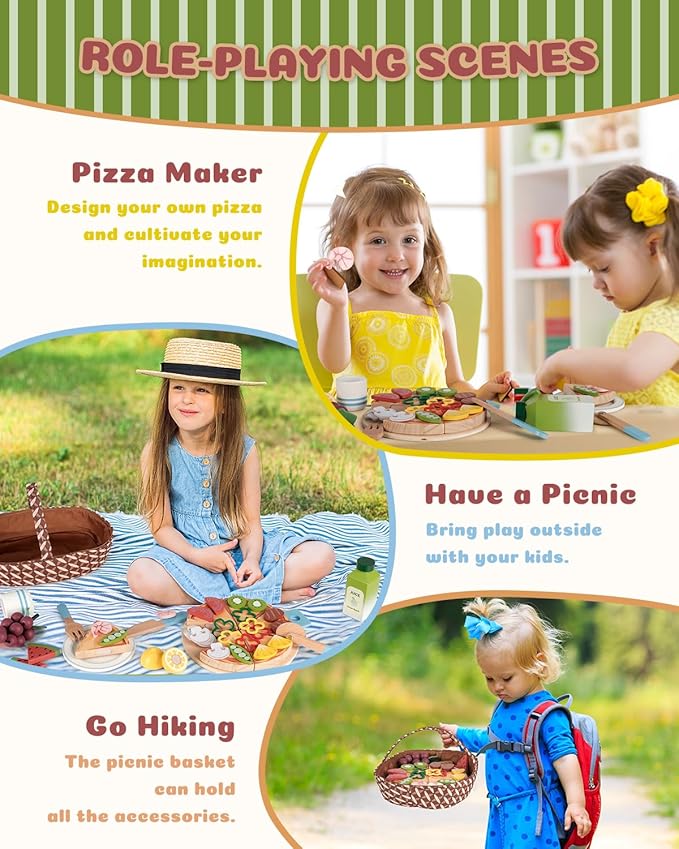 Wooden Pizza Toy, Wooden Food Toys for Toddlers 1-3, Wooden Play Food with Basket, Pretend Play Toys for Kids, Kitchen Playset for Toddlers 3-5, Cutting Food Toys, Gift for Girls Boys 3 4 5 6