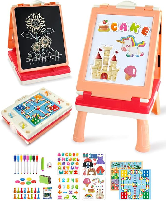Tabletop Easel for Kids, Foldable Art Easel for Toddler,Double Sided Kids Easel with Chalkboard & Magnetic Dry Erase Board,Height Adjustable Desktop Easel, Educational Gift for Girls(Pink)