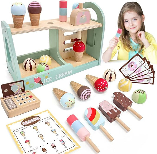 Wooden Ice Cream Counter Playset for Kids, 19pcs Ice Cream Toys for Toddlers, Ice Cream Shop Toys for Kids Ages 3+, Play Food and Accessories Pretend Food Toys for Girls Boys