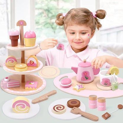Wooden Tea Party Set for Toddler Girls Toys Gift with Cupcake Stand & Tray & Flower & Dessert, Kids Pretend Play Kitchen Accessories Christmas Birthday Gifts for 3 4 5 6 Years Old Little Girl