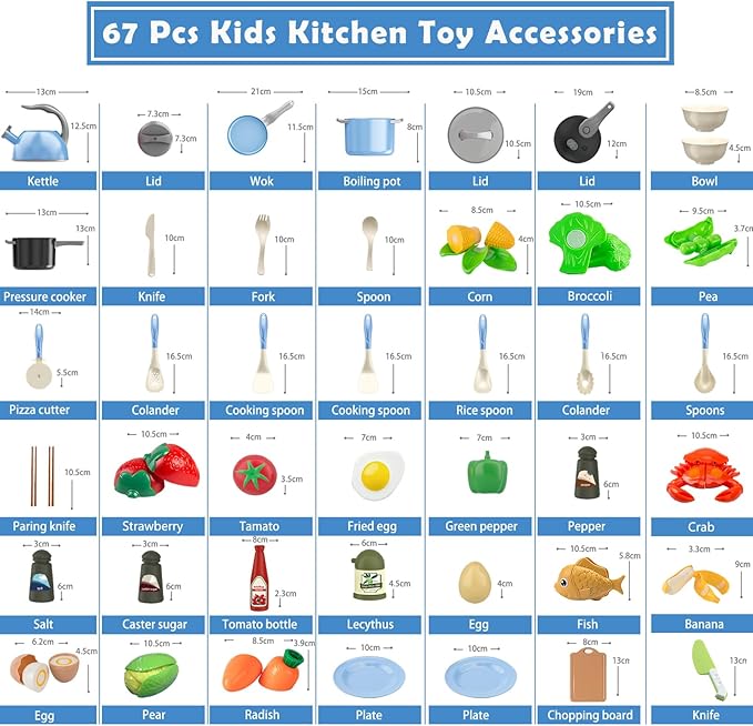 Bruvoalon 67Pcs Kids Play Kitchen Toys Set, Toddlers Pretend Cooking Playset Acccessories with Pots Pans, Utensils Cookware, Foods, Canned Veges, Learning Gift for Kids Girls Boys (Blue)