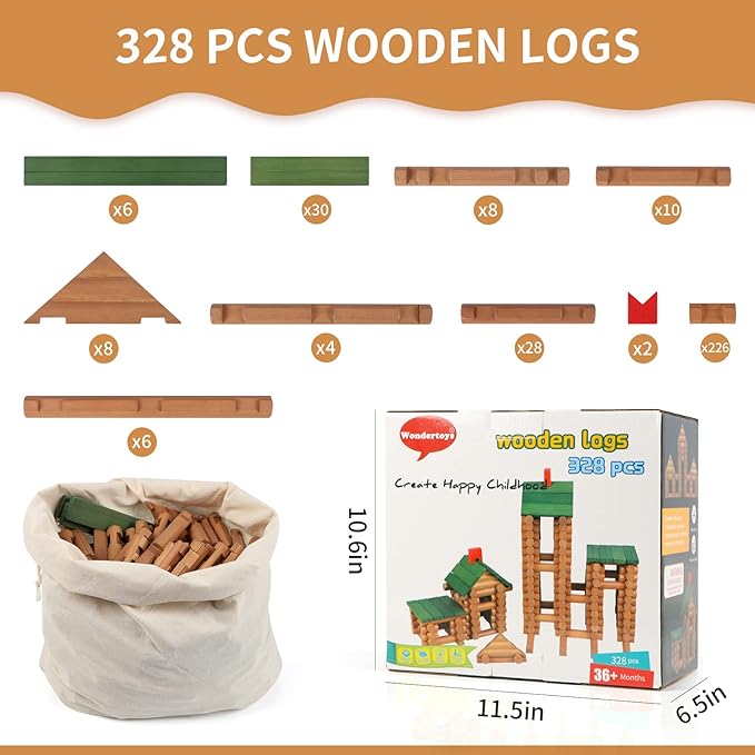 Wondertoys 328 Pcs Wooden Logs Set Ages 3+, Classic Building Log Toys for Kids, Creative Construction Engineering Educational Gifts