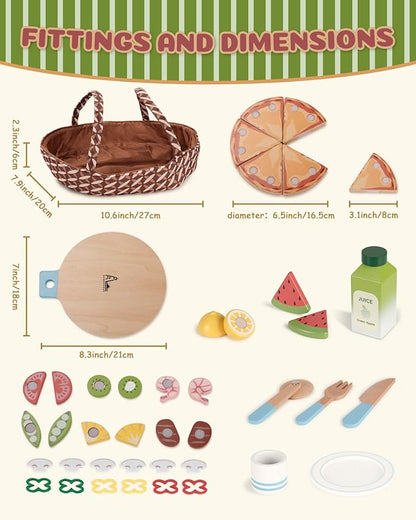 Wooden Pizza Toy, Wooden Food Toys for Toddlers 1-3, Wooden Play Food with Basket, Pretend Play Toys for Kids, Kitchen Playset for Toddlers 3-5, Cutting Food Toys, Gift for Girls Boys 3 4 5 6
