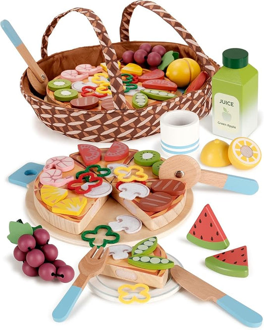 Wooden Pizza Toy, Wooden Food Toys for Toddlers 1-3, Wooden Play Food with Basket, Pretend Play Toys for Kids, Kitchen Playset for Toddlers 3-5, Cutting Food Toys, Gift for Girls Boys 3 4 5 6