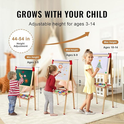 VEVOR Art Easel for Kids, 3-in-1 Wooden Double-Sided Kid's Art Easel with Magnetic Whiteboard, Chalkboard & Paper Roll, Adjustable Standing Drawing Board with Painting Accessories for Boys and Girls