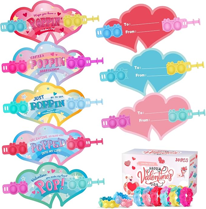 Valentines Day Gifts for Kids 30 Pack Pop Bracelets Fidget Toys Valentines Day Cards for Kids School Classroom Party Favors Valentines Exchange Gifts for Toddlers Girls Boys Class Prizes