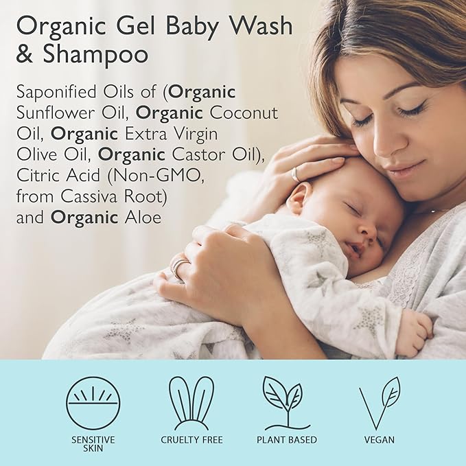 SoCal Suds & Company Organic Gel Baby Wash & Shampoo, Gentle Cleansing Infant Hair & Body Soothing Rich Oils 12oz, 2-Pack