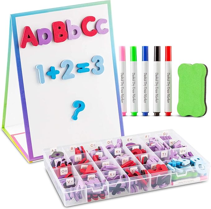 Tabletop Magnetic Easel Whiteboard (2 Sides) Includes:199 Magnetic ABC Alphabet Letters-Numbers-Symbol's, 5 Dry Erase Markers, & 1 Eraser. Drawing Art White Board Educational Kids Toy