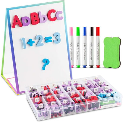 Tabletop Magnetic Easel Whiteboard (2 Sides) Includes:199 Magnetic ABC Alphabet Letters-Numbers-Symbol's, 5 Dry Erase Markers, & 1 Eraser. Drawing Art White Board Educational Kids Toy