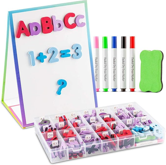 Tabletop Magnetic Easel Whiteboard (2 Sides) Includes:199 Magnetic ABC Alphabet Letters-Numbers-Symbol's, 5 Dry Erase Markers, & 1 Eraser. Drawing Art White Board Educational Kids Toy