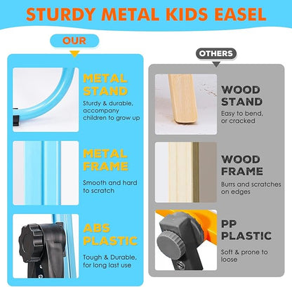 WEYOUNG Easel for Kids Easel for Toddlers, Adjustable Standingg Metal Toddler Easels Whiteboard & Chalkboard for Kids, Magnetic Art Easel for Kids Age 2-4 4-8 9-12, Blue